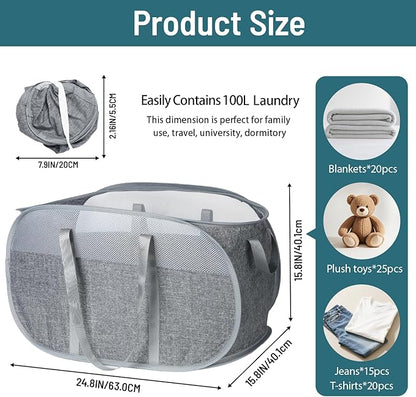 100L Collapsible Laundry Baskets, Tear Proof Pop Up Laundry Hamper with Dual Handles, Large Foldable Laundry Basket, Easy to Carry Laundry Hamper for Home, Laundry Room, Bedroom, Dorm, Travel Grey