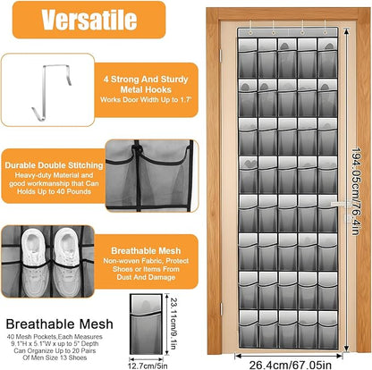 Lemecima 2 Pack 40-Pocket Over the Door Shoe Organizer - Large Mesh Pocket Hanging Shoe Organizer,Behind the Door Shoes Storage Holder Hanger,Large Capacity Design for Dorm Room College