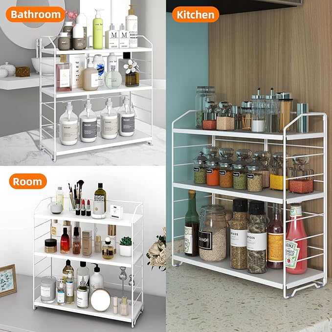 BOIVSHI Bathroom Countertop Organizer, 3-Tier Bathroom Counter Organizer, 8-Levels Height Adjustable, Bathroom Organizer for Kitchen, Livingroom, Office Storage, Metal White