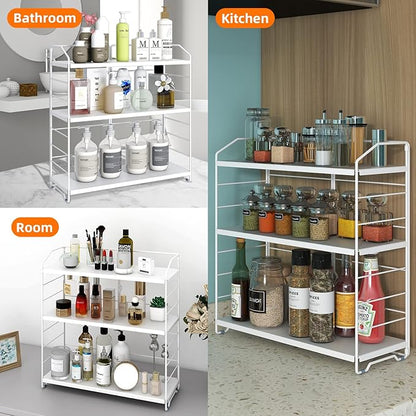 BOIVSHI Bathroom Countertop Organizer, 3-Tier Bathroom Counter Organizer, 8-Levels Height Adjustable, Bathroom Organizer for Kitchen, Livingroom, Office Storage, Metal White