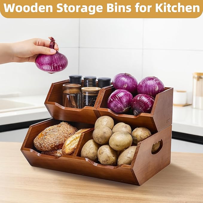 HYPIGO Wood Pantry Storage Baskets, Stackable Large Capacity Potato and Onion Storage Bins, Kitchen Pantry Organizers for Vegetables, Bread, Spices (Set of 3)