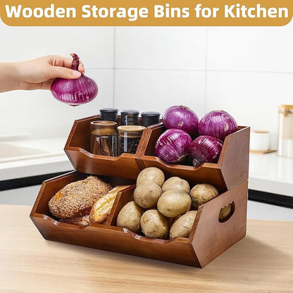 HYPIGO Wood Pantry Storage Baskets, Stackable Large Capacity Potato and Onion Storage Bins, Kitchen Pantry Organizers for Vegetables, Bread, Spices (Set of 3)
