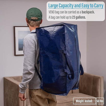 VENO 8 Pack Heavy-Duty Moving Bundle (4 Pack Extra-Large Moving Bag w/Backpack Straps + 4 Pack Over-Sized Clear Organizer Storage Bag)