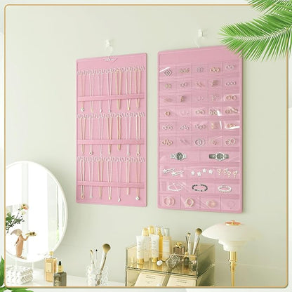 Hanging Jewelry Organizer Storage Roll, Double-Sided Necklaces Holder, 42 Pockets Plus 36 hooks Earrings Organizer Hang in Closet, On Wall, or Doors, Pink