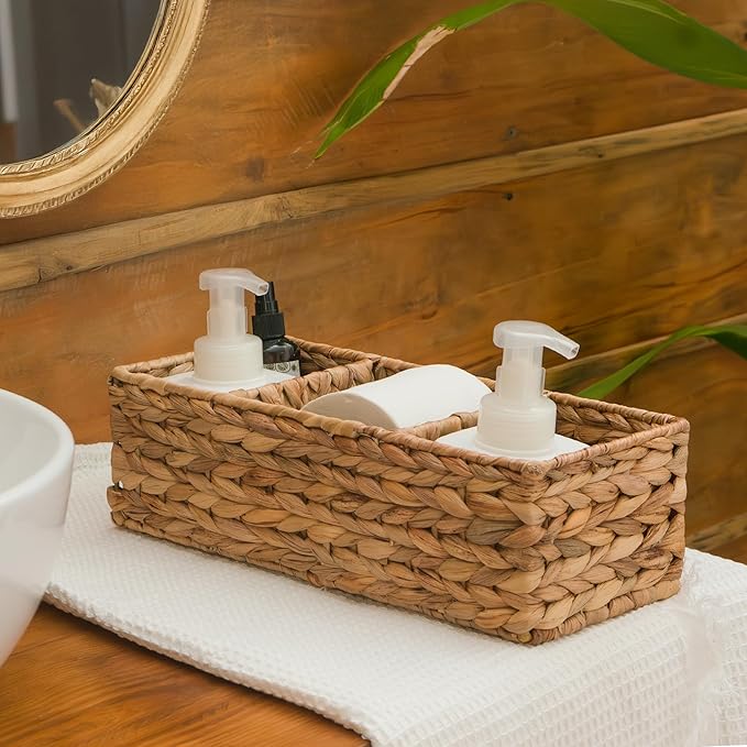 KOKODO Pack of 2 Water Hyacinth Tank Topper Storage Baskets 3 sections Woven Wicker Basket for Toilet Paper Holder, Baskets for Vanity, Bathroom, Pantry Organizing, or Coffee Table Decor