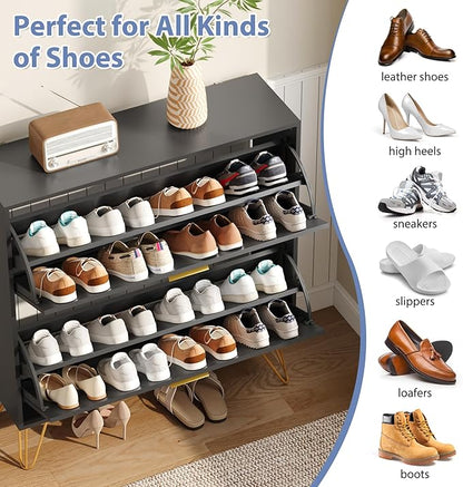 Shoe Storage Cabinet with 2 Flip Drawers, Shoe Cabinet Storage Entryway Slim, Black Narrow Shoe Cabinet w/Gold Handles & Metal Legs, Hidden Freestanding Shoe Organizer for Hallway