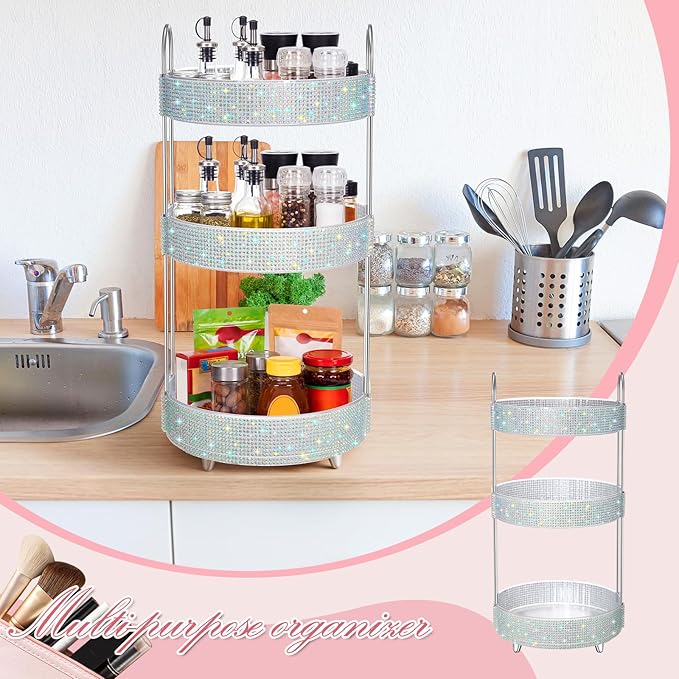 Honeydak 360 Rotating Perfume Organizer for Mother Day Nurse Day Rhinestone Bathroom Counter Organizer Makeup Holder Skincare and Perfume Storage for Cosmetic Countertop(3 Tiers,Resin Stone,Silver)
