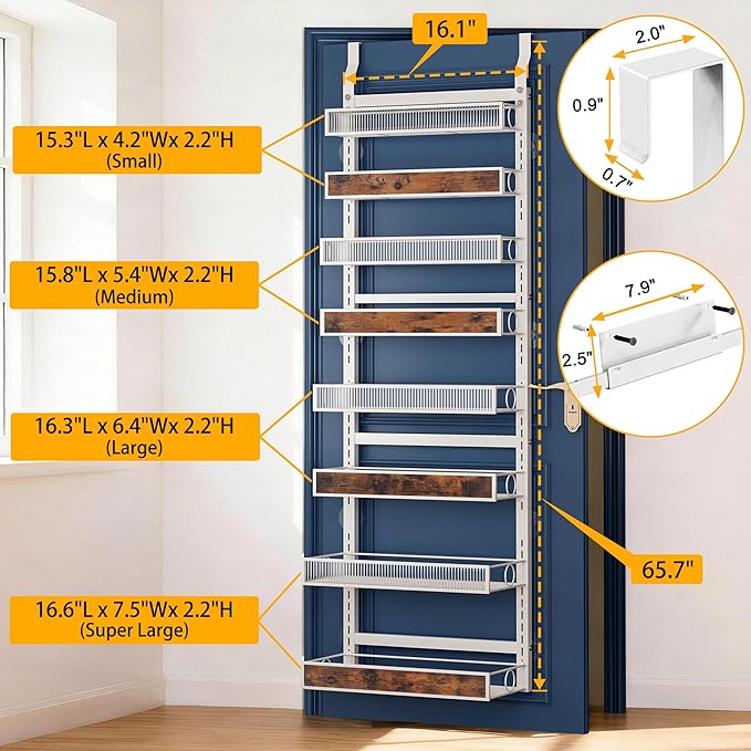 8 Tier Pantry Door Organizer Spice Rack, 2-IN-1 Wall Mount or Hanging Over Door Seasoning Organizer with Adjustable Baskets, Heavy Duty Behind Door Storage Shelves for Pantry, Cabinet and Kitchen