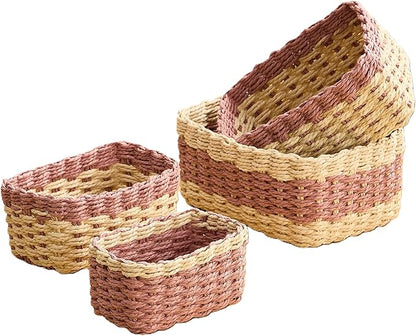 4PCS Woven Storage Baskets Set, Small Baskets for Organizing, Square Handwoven Paper Rope Organizer Bins for Shelves and Home Storage (Natural & Pink)