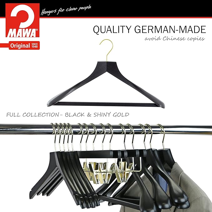 MAWA by Reston Lloyd, European Wooden Hanger, Beech Wood Body Form Hanger with Wide Supportive Shoulders, Rotating Gold Hook, Black Finish, for Shirts, Blazers, Pants, Dress Clothes Hanger, Set of 2