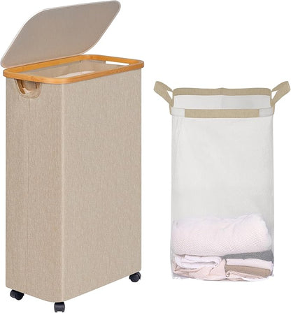 efluky Slim Laundry Hamper with Wheels, Narrow Laundry Basket with Lid and Removable Bag, Aesthetic Dirty Clothes Hamper on Wheels for Laundry Room, Bedroom, Dorm and Bathroom, 75L Beige
