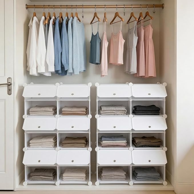 HealSmart Shoe Rack Organizer with Door, Shoe Storage Cabinet, Stackable Plastic Shelves for Closet, Entryway, Hallway, Bedroom, 6-Tier 24-Pair, White
