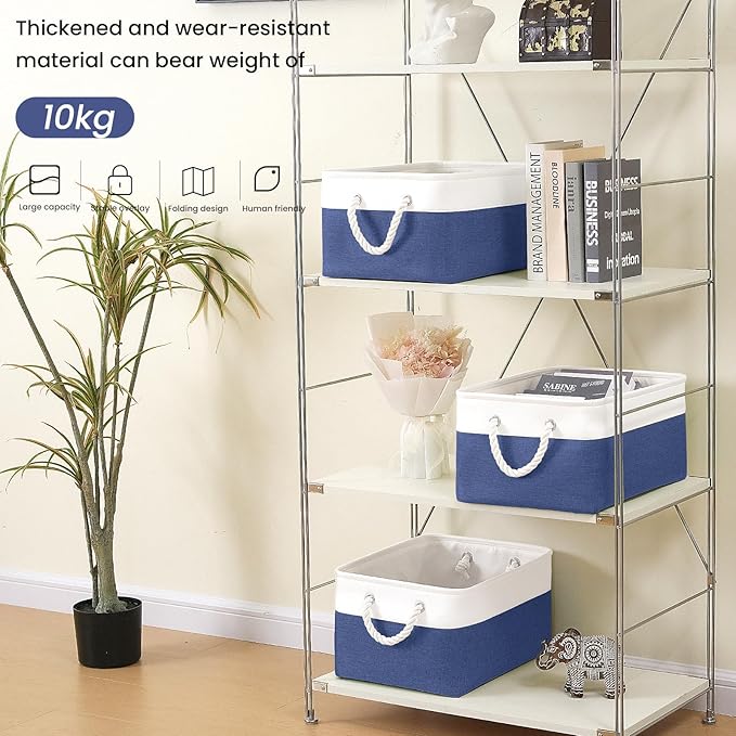 Large Storage Baskets- 15.7x11.8x8.26 inch Storage Bins for Shelves and Closet Organizing, Foldable Fabric Bin for Home Organization Clothes and Laundry (1-Pack, White&Blue)