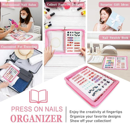 DHATMYC Press On Nail Storage Organizer Binder with 8 Insert Pages - A5 Size Reusable Fake Nail Swatch Star Collecting Book Polish Color Display Holder Container with Tape and Zipper Pocket (PINK)