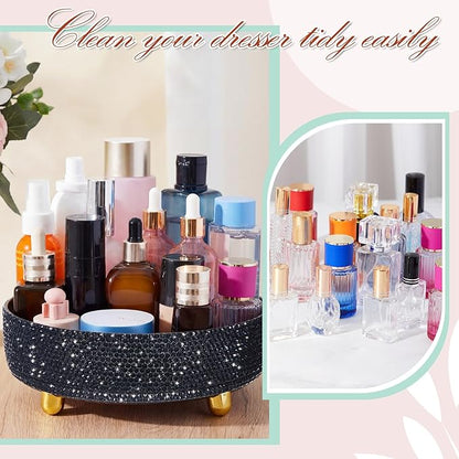 Honeydak Black Bling Perfume Makeup Organizer Bling Mother's Day Nurses Day Gifts for Women Bathroom Organizers and Storage 360 Rotating Makeup Organizer for Countertop(Resin Stone)