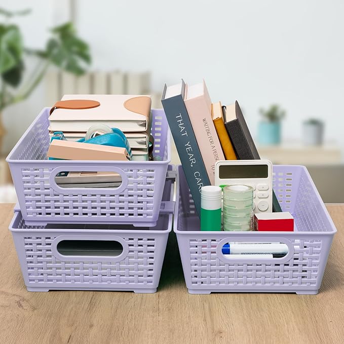 Tiawudi Stackable Woven Plastic Basket, Storage Bins for Cabinet, Closet, Shelf, Under Sink and Countertop, Pantry Organizer Bins, 6 Pack
