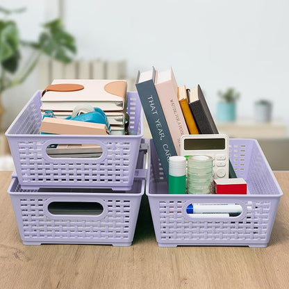 Tiawudi Stackable Woven Plastic Basket, Storage Bins for Cabinet, Closet, Shelf, Under Sink and Countertop, Pantry Organizer Bins, 6 Pack