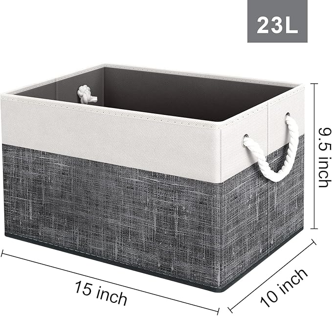 Fab totes Storage Bins 6-Pack, Foldable Storage Baskets for Organizing Toys, Books, Shelves, Closet, Large Storage Box with Rope Handles, Sturdy Organizer Bins, White & Black