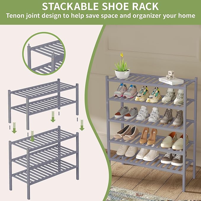 ROMGUAR CRAFT 2 Tier Bamboo Shoe Rack for Closet Free Standing Wood Shoe Shelf for Entryway Small Space Stackable 27"x11"x13" (Grey)