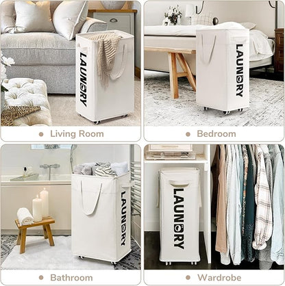 CHICVITA Collapsible Laundry Hamper on Wheels, 75L Clothes Laundry Basket with Removable Wash Bag for Dorms, Clothes Hamper with Handles, White