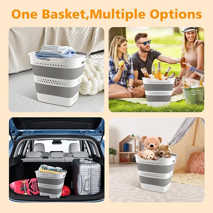 42L Medium Collapsible Plastic Laundry Basket with Handles, Foldable Laundry Basket Hamper, Pop Up Storage Container Organizer for Washing Storage (Gery, 17 Inch * 13 Inch * 15 Inch)