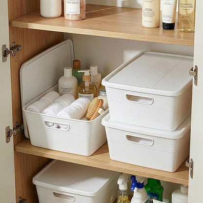 BINO | Plastic Storage Bins with Lids, 13 Liter - 3 Pack, White | THE BRAIDED COLLECTION | Plastic Bins for Organization Woven Storage Baskets for Organizing Pantry Shelf Organizer Basket Bin