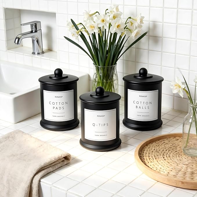 Ronasip 3 Pack Qtip Holder Dispenser, 16oz Bathroom Organizer and Storage Canisters, Glass Apothecary Jars with Lid - Home Decor, Room Decor Aesthetic (Black)
