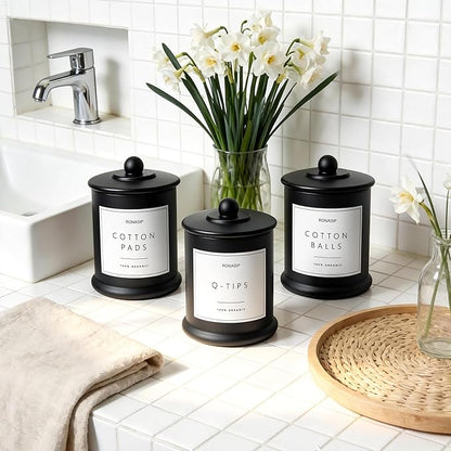 Ronasip 3 Pack Qtip Holder Dispenser, 16oz Bathroom Organizer and Storage Canisters, Glass Apothecary Jars with Lid - Home Decor, Room Decor Aesthetic (Black)