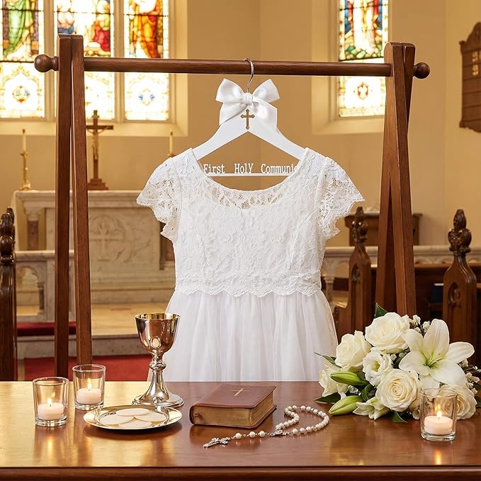 Reallnaive First Holy Communion Hanger First Communion Gift White Bow Dress Hanger 1st Holy Eucharist Party Favors Cross Gift Holiday Ceremony Decoration