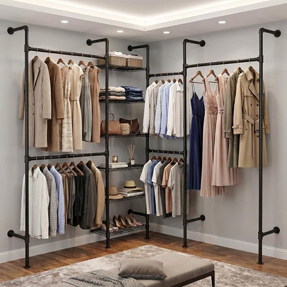 F4 Wall Mounted Closet System, Industrial Pipe Clothing Rack for Hanging Clothes, Heavy Duty Closet Organizer System, Clothes Racks with Shelves & Expandable Rod for Wardrobe, Corner, Black