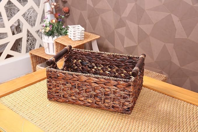 Storage Basket made by Water Hyacinth with Wood Handles, Arts and Crafts. (RectangleA-Large)