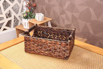 Storage Basket made by Water Hyacinth with Wood Handles, Arts and Crafts. (RectangleA-Large)