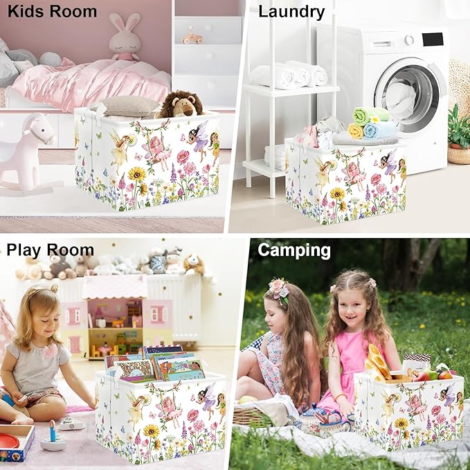 Clastyle Lovely Princess Laundry Basket Kids Clothes Book Storage Basket Gift Toy Box for Bedroom Decor,Flower Fairy,40x30x30 cm