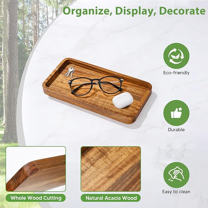 Wooden Bathroom Vanity Tray, 9.9" Small Decorative Wood Trays for Home Kitchen, Acacia Wood