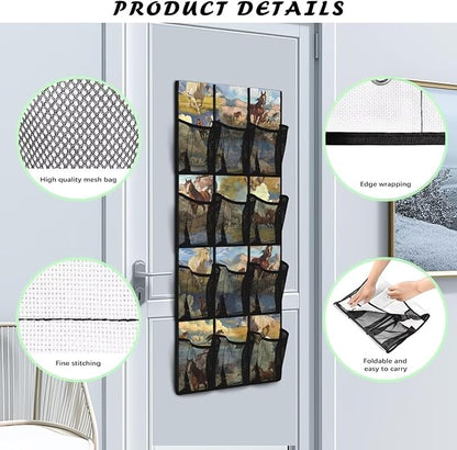 Western Horse Behind The Door Organizer, 12 Pockets Cowboy Theme Hanging Rack for Boots & Hats, Durable Oxford Fabric for Ranch & Cabin Storage