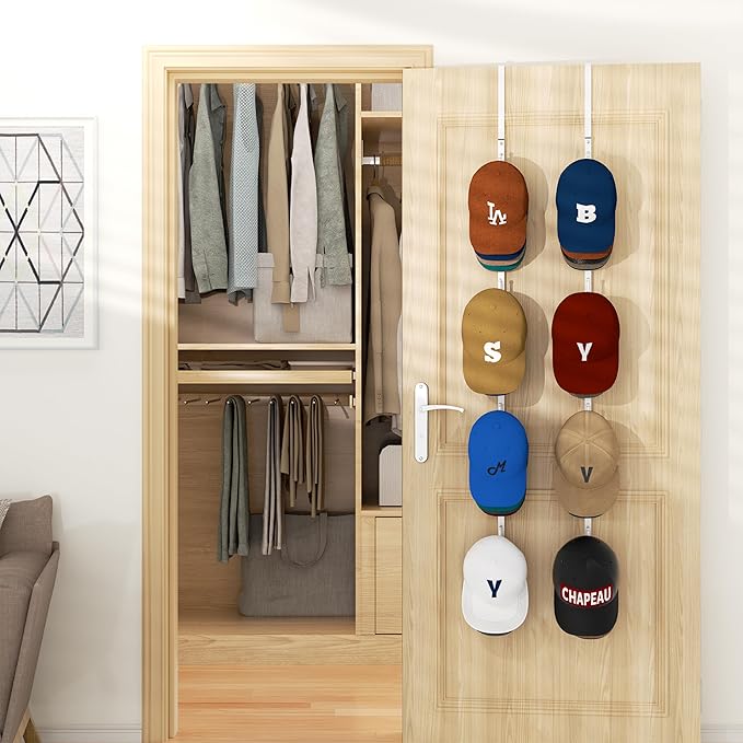 HapiRm Over Door Hat Rack - 2 Packs Hat Organizer with 8 Hooks Design, Hanging Baseball Cap Organizer Storage Holds Up to 40 Caps for Door, Bedroom, Closet (White)