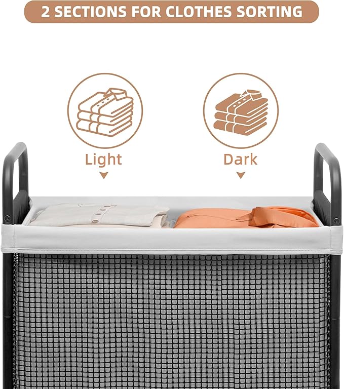 STORAGE MANIAC Rolling Laundry Hamper with Wheels 2-Section Laundry Sorter Rolling Laundrys Basket on Wheels with Removable Bag Clothes Hamper Laundrys Organizer Cart Bathroom Bedroom 100L Grey