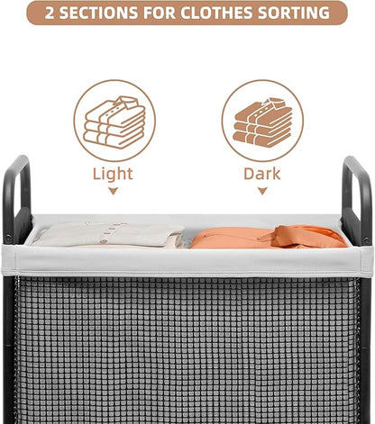 STORAGE MANIAC Rolling Laundry Hamper with Wheels 2-Section Laundry Sorter Rolling Laundrys Basket on Wheels with Removable Bag Clothes Hamper Laundrys Organizer Cart Bathroom Bedroom 100L Grey