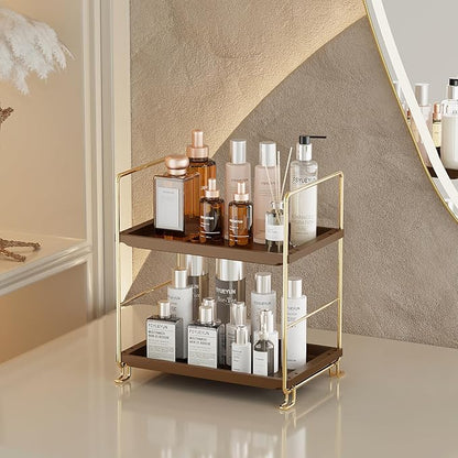 FSyueyun 2-Tier Bathroom Countertop Organizer,Bathroom Organizers and Storage with Tool-Less Installation, Premium Plastics for Makeup, Perfume, Skincare on Dresser Vanity Tray (Gold & Brown)