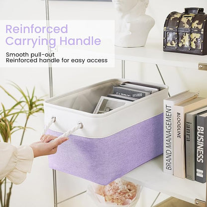 Large Storage Baskets- 15x11x10 inch Storage Bins for Shelves and Closet Organizing, Foldable Fabric Bin for Home Organization Clothes and Laundry (3-Pack, White&Purple)