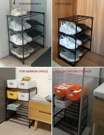 LNYZQUS Upgrade 4-Tier Small Shoe Rack, Metal Stackable Kids Shoe Shelf Storage Shoe Stand Organizer for Closet Entryway Hallway,Zapateras Organizer for Shoes(Black)