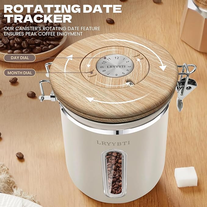 Coffee Canisters with Window,Scoop and Airtight Lid Stainless Steel Kitchen Bean Storage Grounds Container Date Tracker and Scoop for Grounds Coffee Bar Accessories (Cream+window, 22 oz)