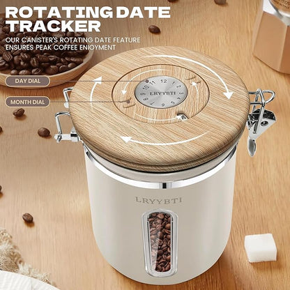Coffee Canisters with Window,Scoop and Airtight Lid Stainless Steel Kitchen Bean Storage Grounds Container Date Tracker and Scoop for Grounds Coffee Bar Accessories (Cream+window, 22 oz)