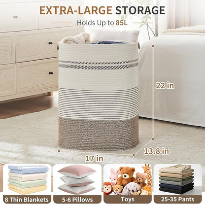 AINUOQI Laundry Hamper - Tall Woven Rope Laundry Basket - Clothes hamper with Leather Handles, 17" X 13.8" X 22", Blanket Storage Basket for Living Room, Rice Brown & White