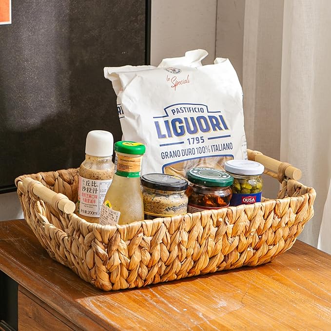 Mowtanco Woven Storage Baskets – Set of 2 Handwoven Water Hyacinth Wicker Baskets with Wooden Handles for Organizing, Decorative Baskets for Laundry Room, Home Decor - 2 Medium