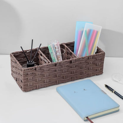 Toilet Tank Topper Paper Basket Multiuse Hand Woven Plastic Wicker Basket Bins with Divider for Shelves Rustic Farmhouse Bathroom Decor Countertop Organizer Storage