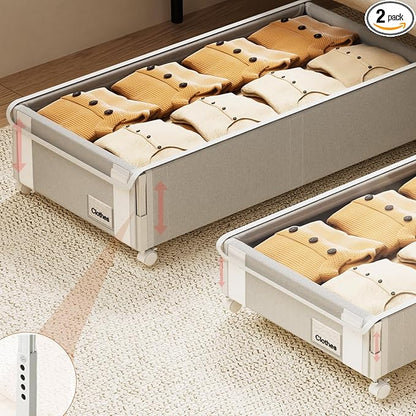 Fokyfok 2Pack Under Bed Storage with Wheels,6.7"-9" Adjustable Height Underbed Storage,Under Bed Storage Containers,Rolling Under Bed Clothes Storage,Metal Under Bed Drawers for Shoes,Blankets,Toys