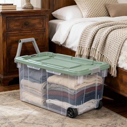 Extra Large Wheeled Storage Bin, 160 Quart Durable Clear Storage Container with Latch Lid and Pull Handle, Light Green, 2 Pack