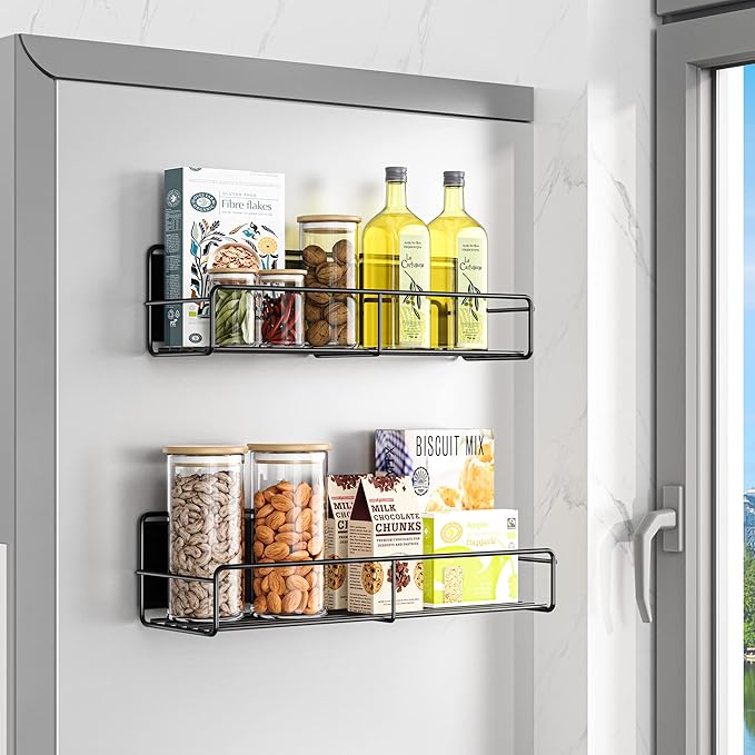 Mystozer 2 Pack Magnetic Spice Rack Organizer,Space Saver for Refrigerator and Microwave Oven, Magnetical Fridge Shelf for Jars,Seaoning,tins and Utensils (Black)