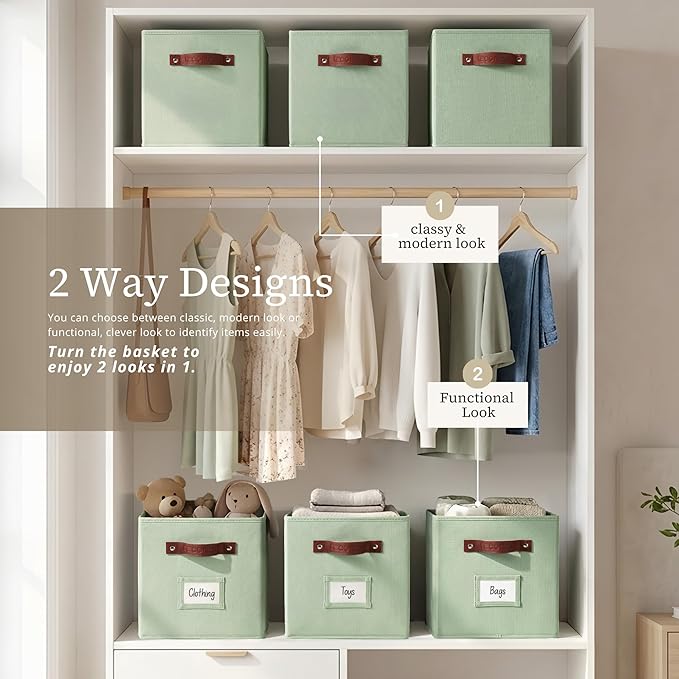 DECOMOMO Storage Cubes, 13x13x13 Storage Cube Bins with Labels, Fabric Organizer Bins (13" / 6pcs, Sage Green)